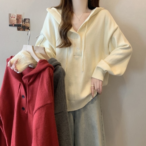Autumn and winter thickened lazy style hooded knitted sweater for women 2024 large size fat mm slimming loose top