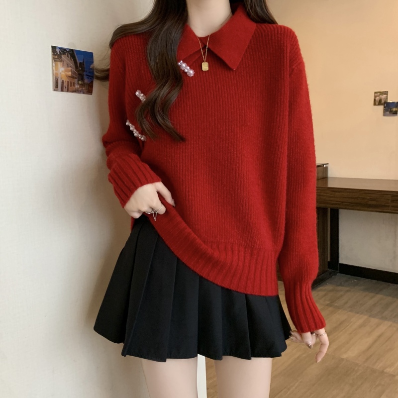 Plus size women's winter fat mm slimming red sweater women's lapel new Chinese style disc button lazy style knitted sweater