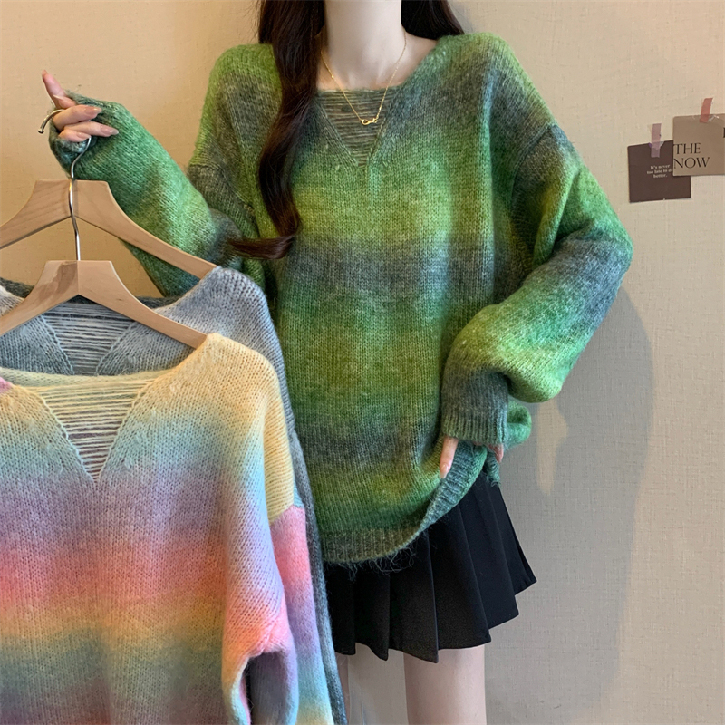Large size V-neck rainbow gradient sweater autumn and winter fashion versatile slimming top fat mm loose soft waxy knitted