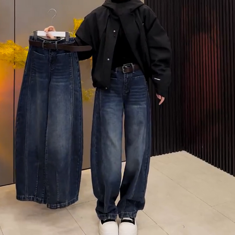 High-waisted slimming large size straight jeans for women autumn and winter 2024 new retro scimitar pants wide-leg floor-length trousers