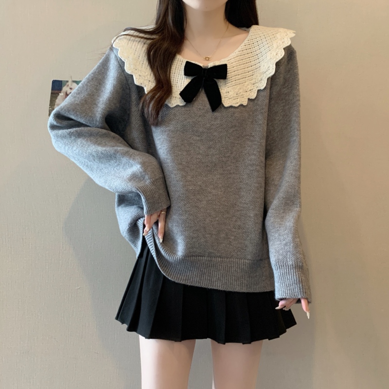 Plus size lace doll collar bow long sleeve knit top pullover sweater