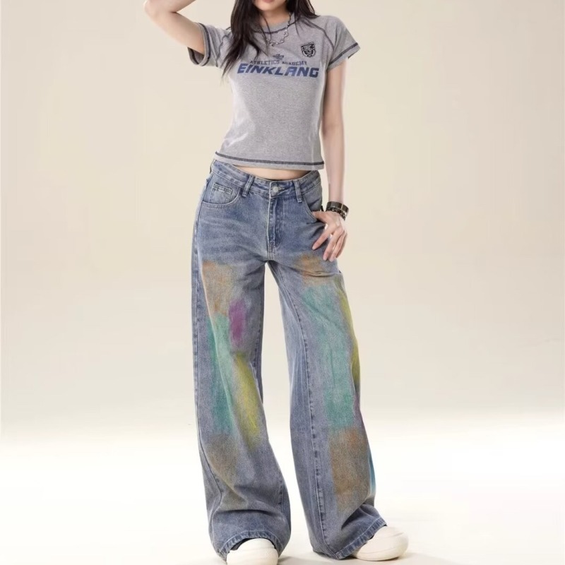 American retro straight-leg jeans for women in spring and summer new style high-waisted large size fat MM loose slimming wide-leg trousers