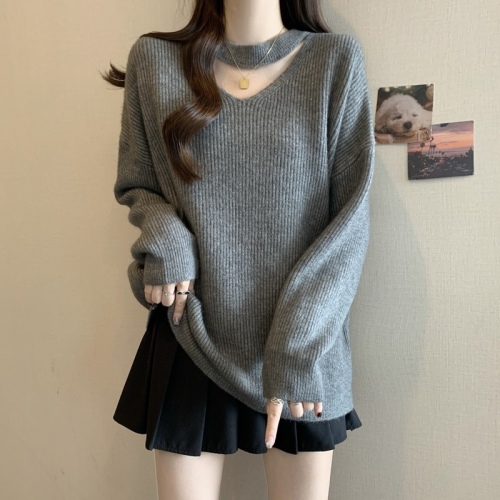 Large size lazy style halterneck soft waxy sweater for women 2024 winter new fashion loose and versatile sweater