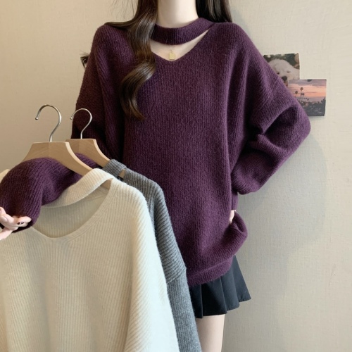 Large size lazy style halterneck soft waxy sweater for women 2024 winter new fashion loose and versatile sweater