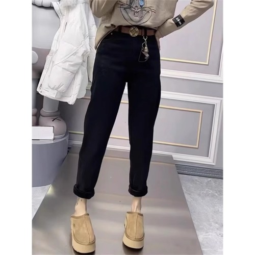 Black harem jeans for women, autumn and winter new style, velvet, thickened, loose, slim, large size, nine-point pants, high-waisted dad pants