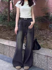 Large size micro-flare dark blue jeans for women, loose and fat mm, non-legged wide-leg pants, floor-length pants