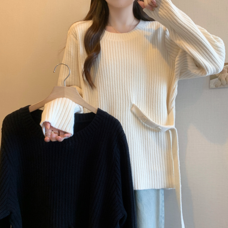 Large size fat mm autumn and winter design slim sweater loose versatile round neck lace-up knitted bottoming shirt