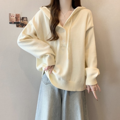 Autumn and winter thickened lazy style hooded knitted sweater for women 2024 large size fat mm slimming loose top