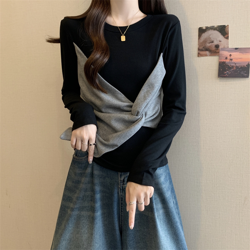 Plus size fat girl autumn new style right shoulder fashion irregular twist stitching slim slim long-sleeved top