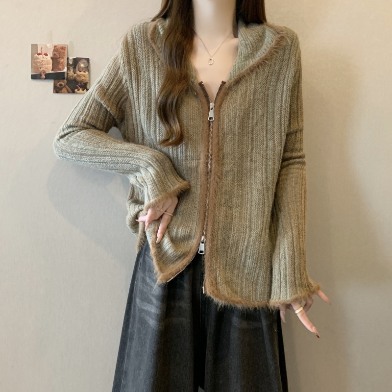 Large size gradient double zipper lapel lazy top sweater knitted jacket