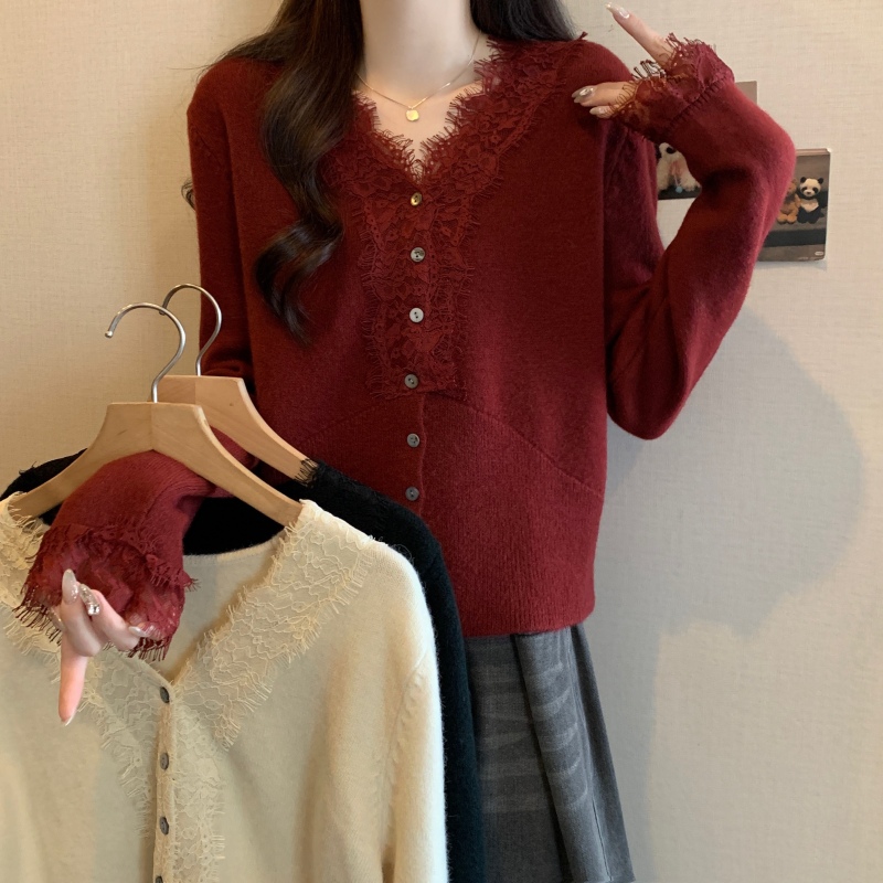 Large size autumn and winter new lace top women's winter new heavy-duty French retro long-sleeved sweater jacket