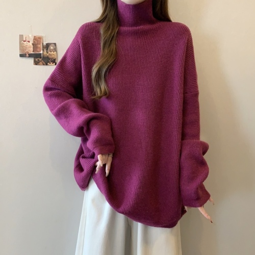 Lazy style turtleneck sweater for women autumn and winter plus size women's thickened retro mid-length loose knitted top