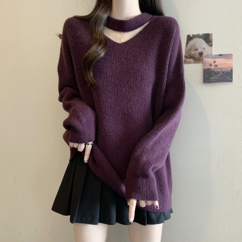 Large size lazy style halterneck soft waxy sweater for women 2024 winter new fashion loose and versatile sweater