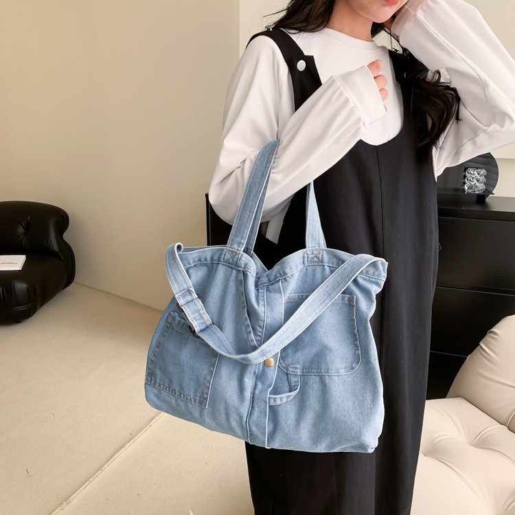 Simple Korean Style Fashion Casual Denim Handbag Spring Large Capacity Canvas Student Class Shoulder Messenger Bag