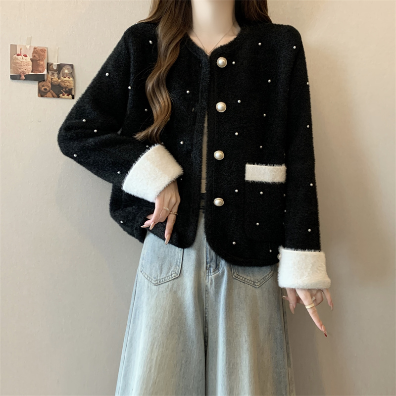 200 pounds slightly fat large size spring and autumn fat girl starry imitation mink velvet small fragrance cardigan fat mm jacket