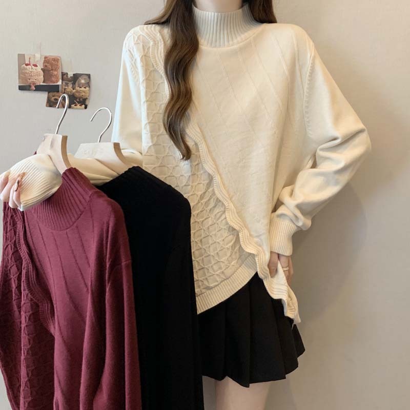 2024 autumn and winter new style half turtleneck thickened splicing pullover sweater women's large size loose casual top
