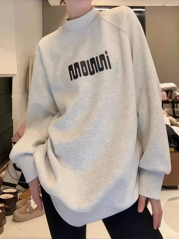 Half turtleneck plus velvet thickened sweatshirt for women 2024 autumn and winter student cover butt slimming T-shirt casual mid-length top