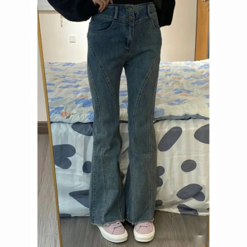 American high street vibe retro blue bootcut jeans for women 2024 new design high waist slim flared pants