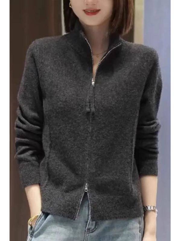 Lazy style double zipper cashmere stand-up collar sweater for women autumn and winter fashion loose versatile sweater unique and beautiful coat