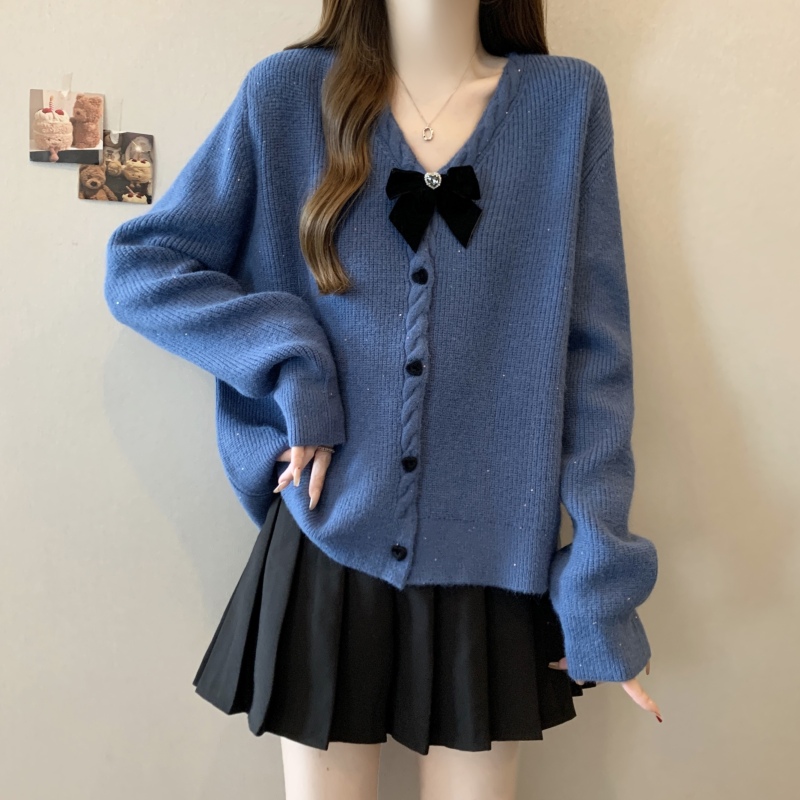 Large size autumn and winter gentle temperament blue bow sweater fat mm slim sweater top jacket