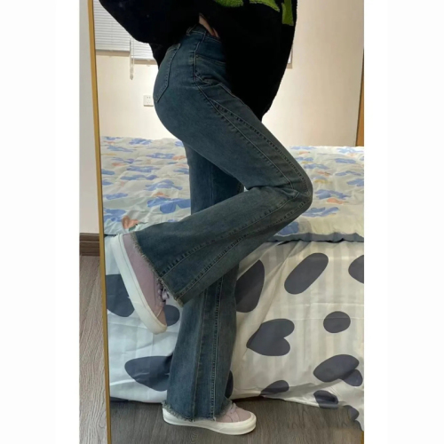 American high street vibe retro blue bootcut jeans for women 2024 new design high waist slim flared pants