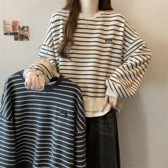 Fat girl fashion versatile striped sweatshirt women's autumn new loose slimming belly-covering long-sleeved T-shirt top