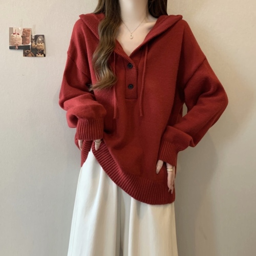 Autumn and winter thickened lazy style hooded knitted sweater for women 2024 large size fat mm slimming loose top