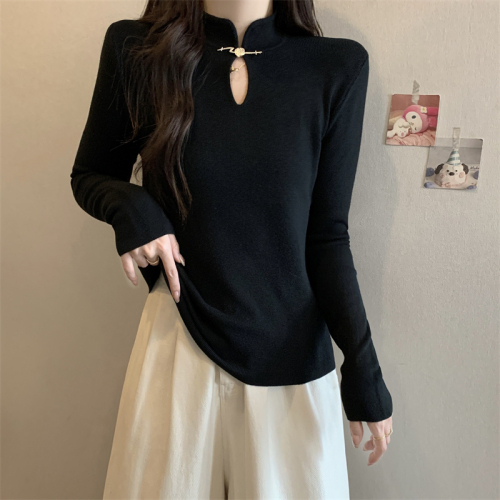 Plus size women's new Chinese style button-up tops for fat girls, western style, age reduction and slimming inner knitted bottoming shirts