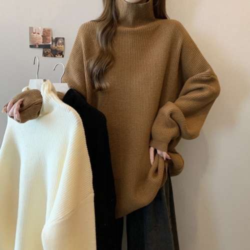 Lazy style turtleneck sweater for women autumn and winter plus size women's thickened retro mid-length loose knitted top