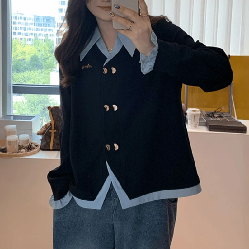 Pangjia large size women's fake two-piece coat early autumn new fat mm slimming ear-edge long-sleeved cardigan chic top