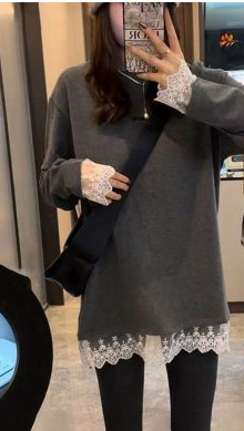 Spring new style velvet thickened sweatshirt fashionable lace splicing fake two-piece loose top foreign style versatile outerwear for women
