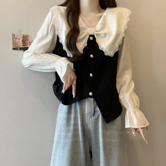 2024 early spring new style fat mm plus size women's French sweet doll collar color matching bell sleeve shirt top