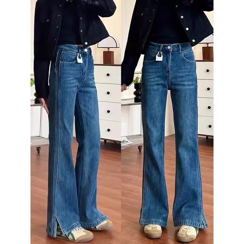 FYQ-Blue slit wide-leg boot-cut pants for women in fall and winter elastic non-leg flared pants