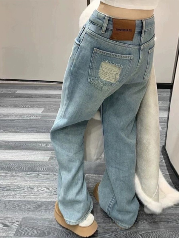 Light Blue Narrow Straight Jeans Women's Spring Frayed High Waist Loose Versatile Casual Straight Floor-Mopping Trousers
