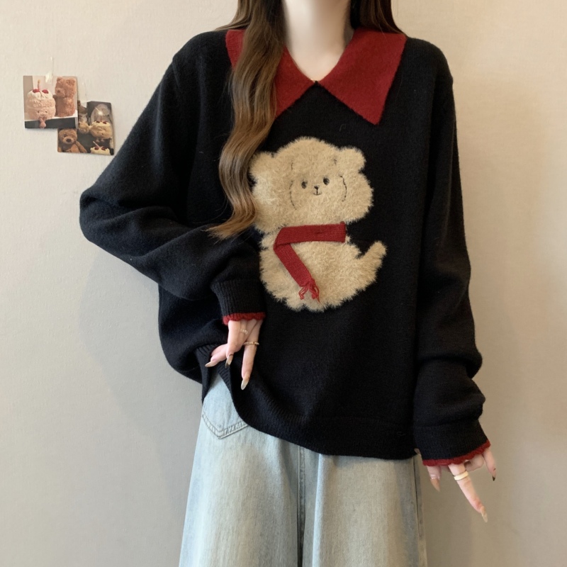 Large size puppy pattern sweater women's autumn and winter new age-reducing slimming contrast color lapel sweater top