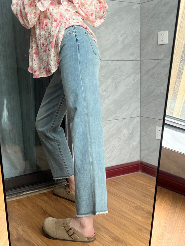 Light blue straight jeans for women plus size fat mm pear-shaped body slim pants high waist small cigarette pants summer