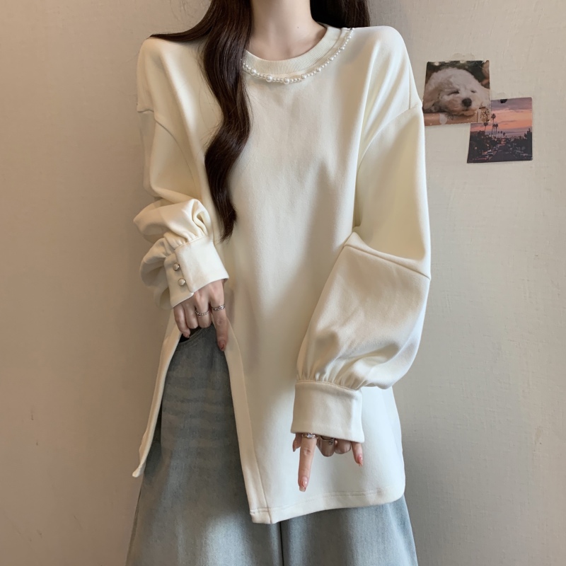 Plus size fat mm autumn and winter new style pearl design irregular sweatshirt long-sleeved top