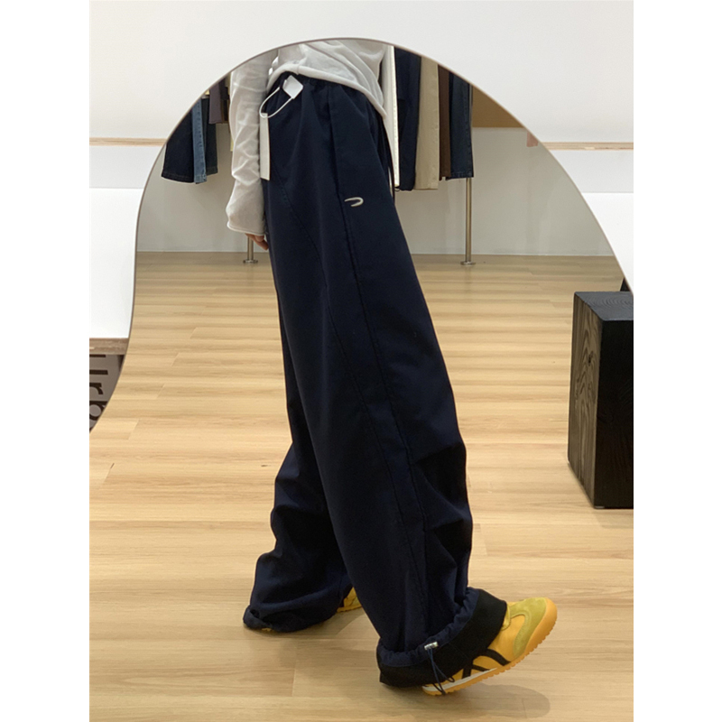 Plush American Retro Navy Blue High Waist Casual Pants Women's Loose Harajuku Style Casual Pants