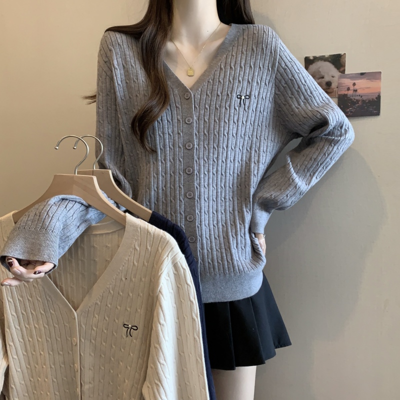 Plus size fat mm autumn and winter design bow embroidered cardigan sweater loose slimming long-sleeved top