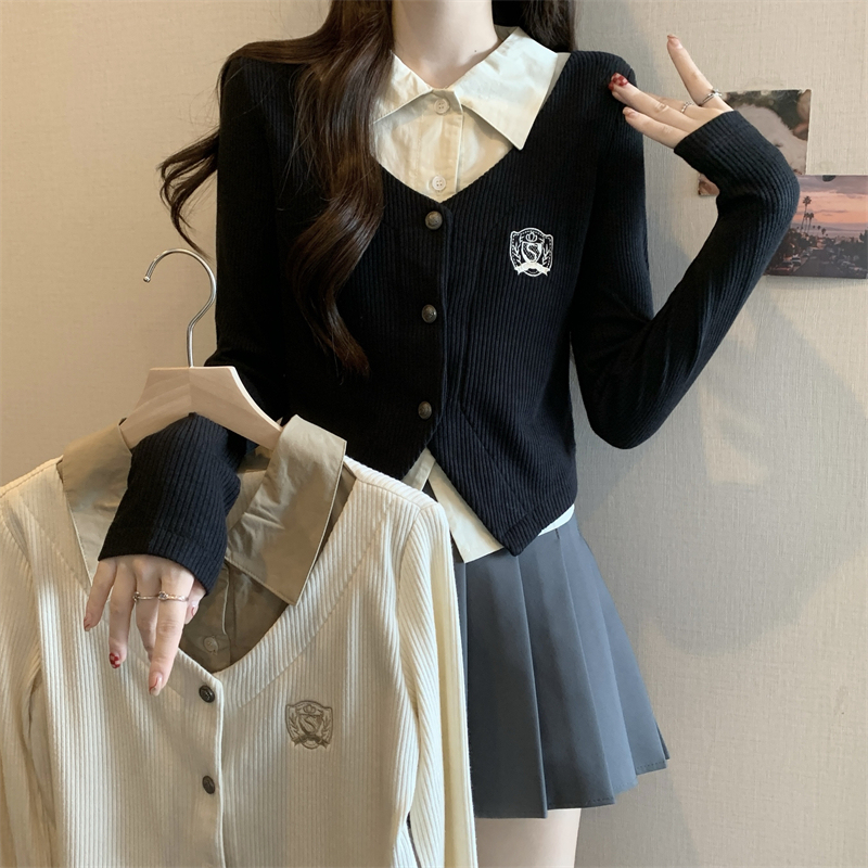 Fat MM2024 college style inner wear fake two-piece long-sleeved shirt for women autumn design belly-covering top