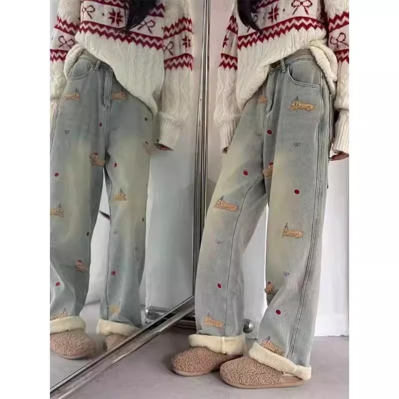 2024 New Large Size Dachshund Dog Embroidered Straight Leg Jeans for Women with Pear Shape Body Plus Velvet Loose Wide Leg Pants