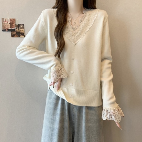 Plus size women's French V-neck lace single-breasted knitted sweater slightly fat mm autumn and winter inner layering top