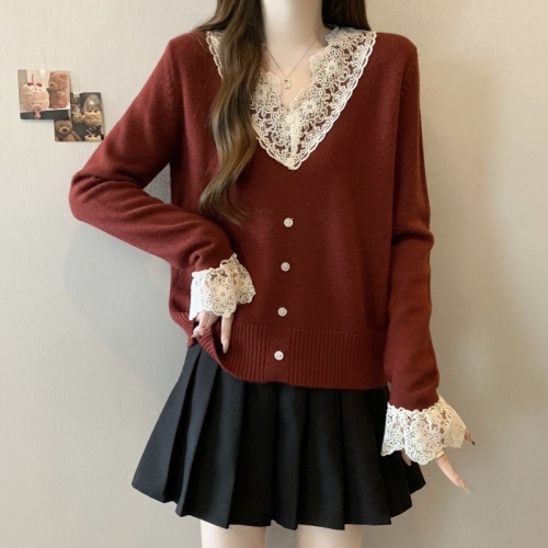 Plus size women's French V-neck lace single-breasted knitted sweater slightly fat mm autumn and winter inner layering top