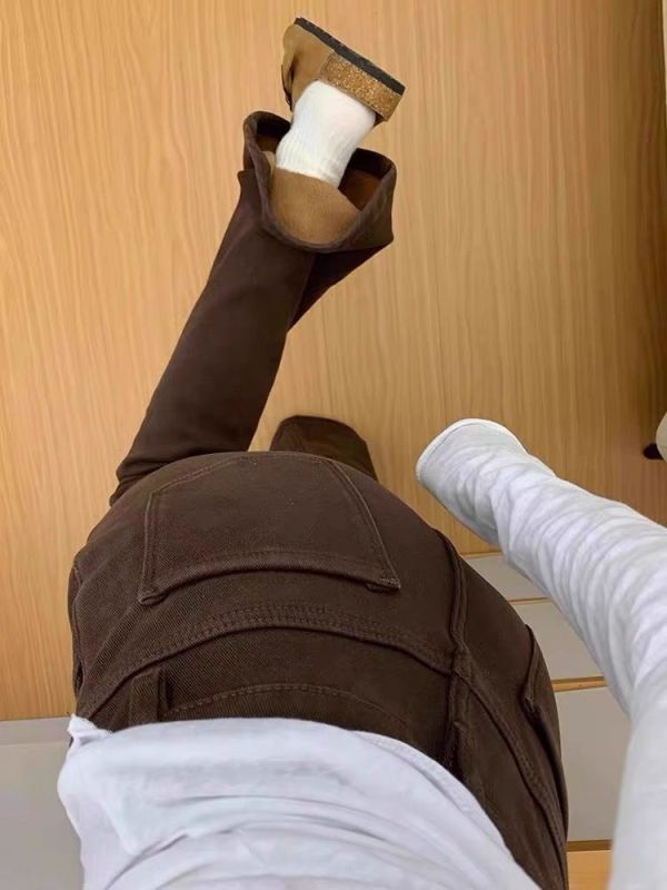 Velvet thickened coffee-colored bootcut jeans for women in autumn and winter new style American high-waist elastic slim slimming horseshoe trousers