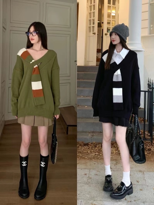 Large size lazy style soft waxy V-neck sweater for women in autumn and winter irregular knitted sweater for fat mm loose inner wear