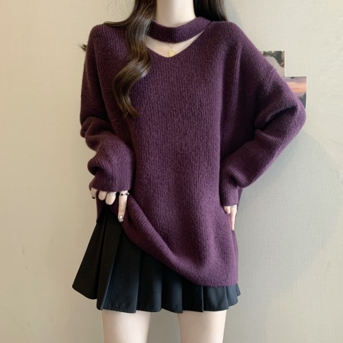 Large size lazy style halterneck soft waxy sweater for women 2024 winter new fashion loose and versatile sweater