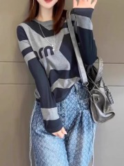 American pure cotton contrasting color right shoulder long-sleeved T-shirt bottoming shirt for women in autumn and winter plus size fat mm round neck slim fit top