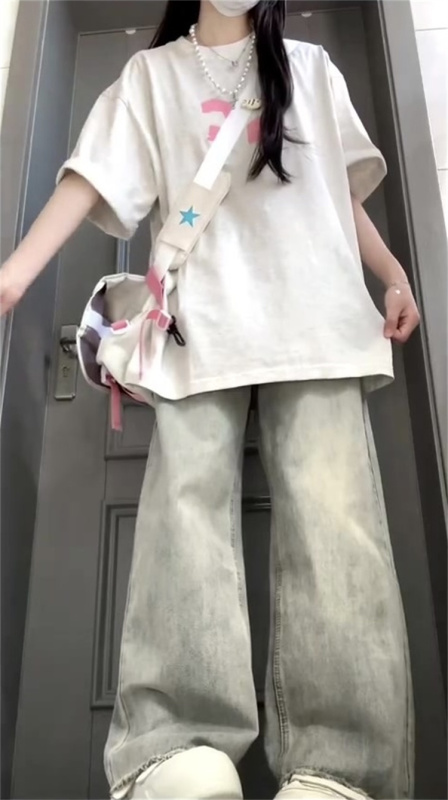 Washed distressed fashionable high-waisted jeans 2024 summer new loose wide-leg pants