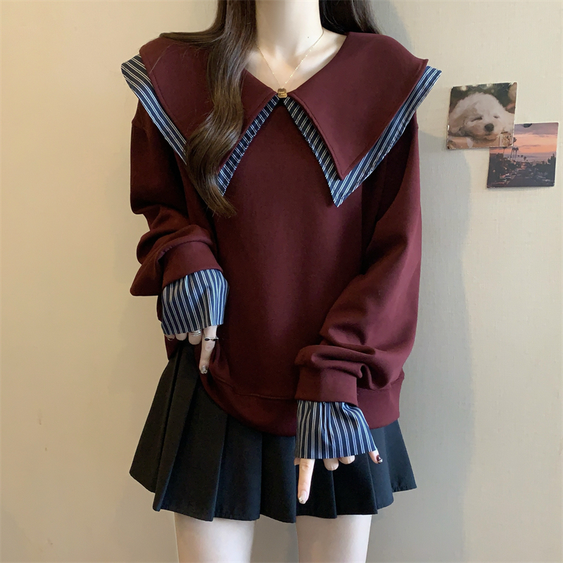 Autumn and winter fat MM new college style contrasting double-layer navy collar loose age-reducing casual fake two-piece sweatshirt trend