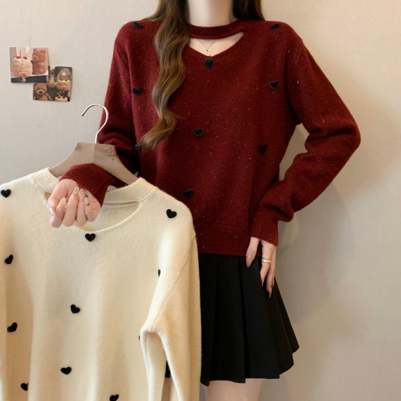 Plus size fat girl autumn and winter new style neck sleeve hollow collar love gold silk long-sleeved pullover sweater